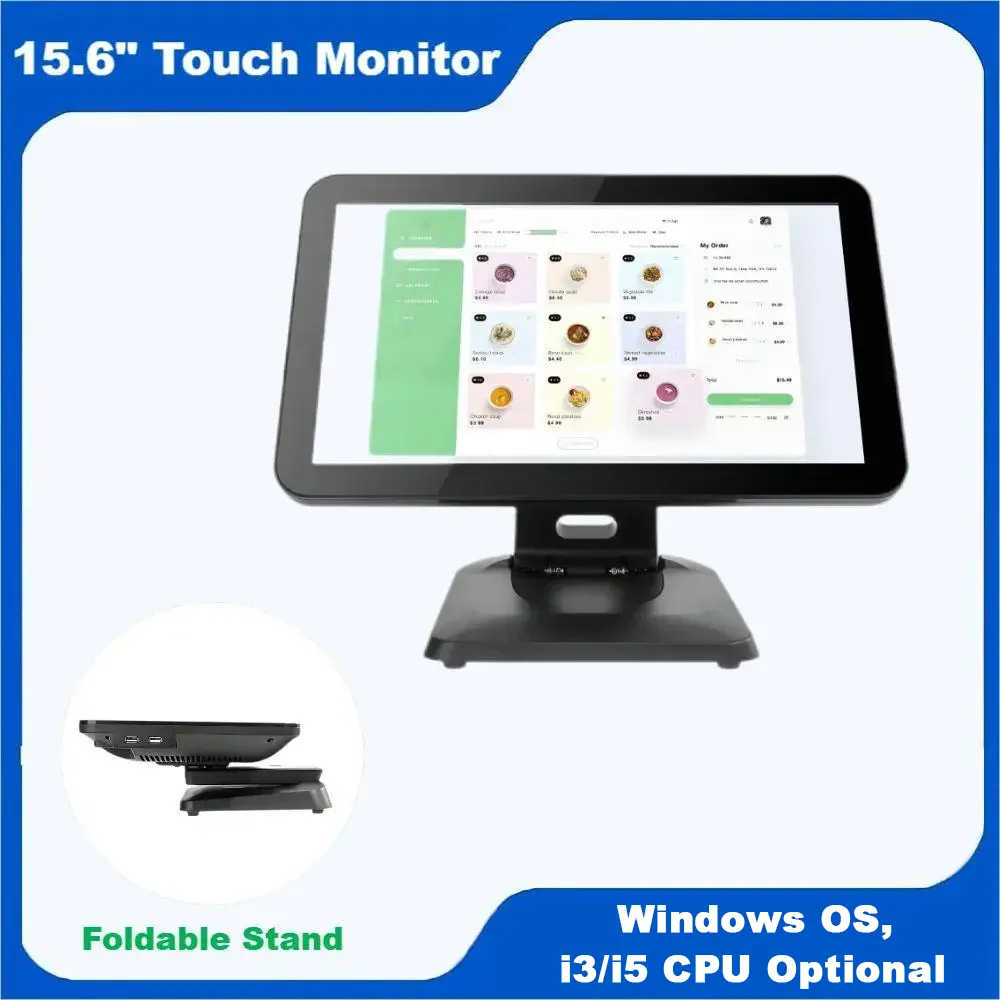 

15.6 Inch Foldable Stand Monitor Touch Screen Windows Cash Register With Rich Interfaces High Resolution Adjustable Display RJ45