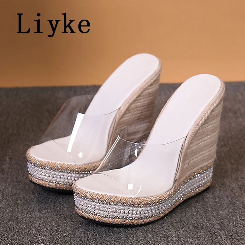 Liyke Summer Wedges Slippers For Women Fashion Open Toe Platform High Heels Slides Shoes PVC Transparent Sandals Zapatos Mujer