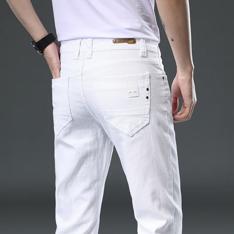 

2024 New Men's Slim Casual Jeans Pure White Brand Clothing Stretch Straight Gentleman's Jeans Long Trousers Classic Male