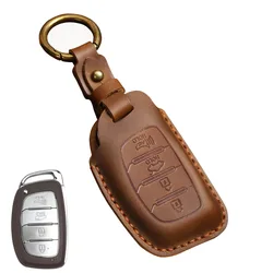 Genuine Leather Smart Auto Car Key Case Cover Fob for Hyundai IX25/IX35/Elantra/Sonata/I40 I10 I30 3 4 Button Key Case Keychain