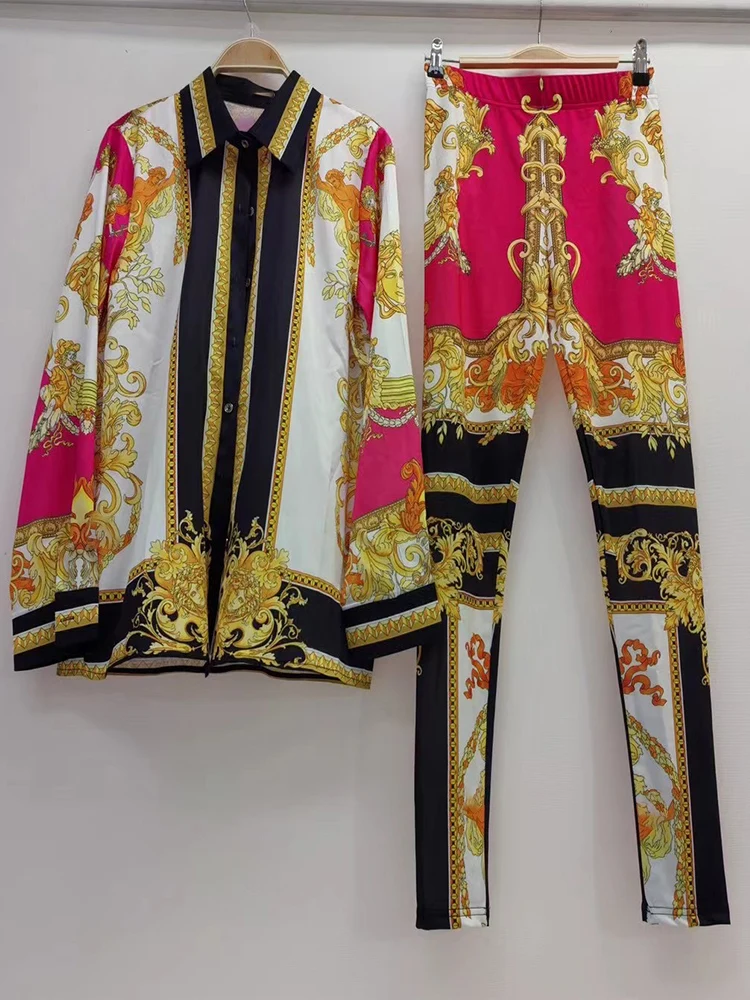 Retro printed lapel long-sleeved shirt 2025 spring women's new suit+elastic waist slim elastic feet pants fashion two-piece suit - Image 2