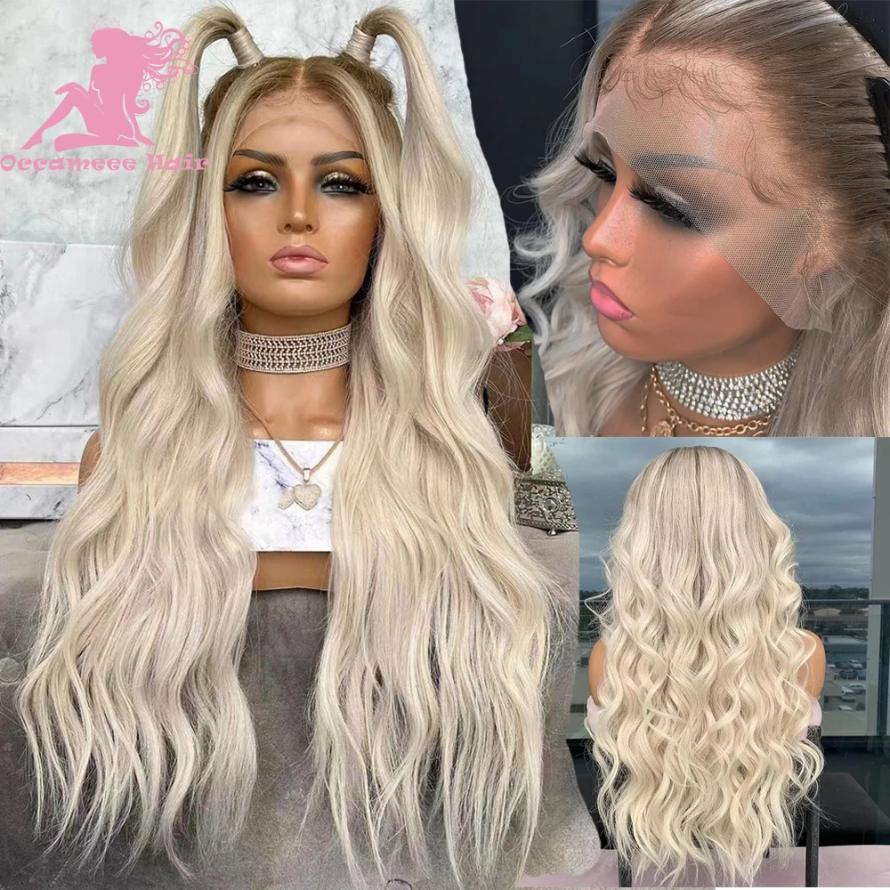 

Highlight Wig Human Hair natural wave 13x6 360 Lace Frontal Ash Blonde Wig With Brown Root Brazilin Virgin Hd Transparent lace