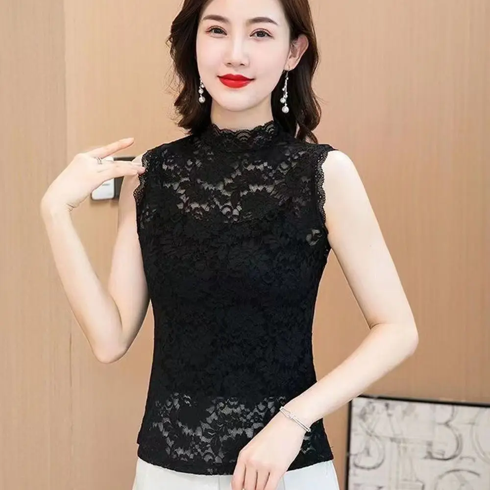 Elegant Half High Collar Floral Tank Tops Elastic L-3XL Lace Shirt Black White Rose Camisole Women Girls