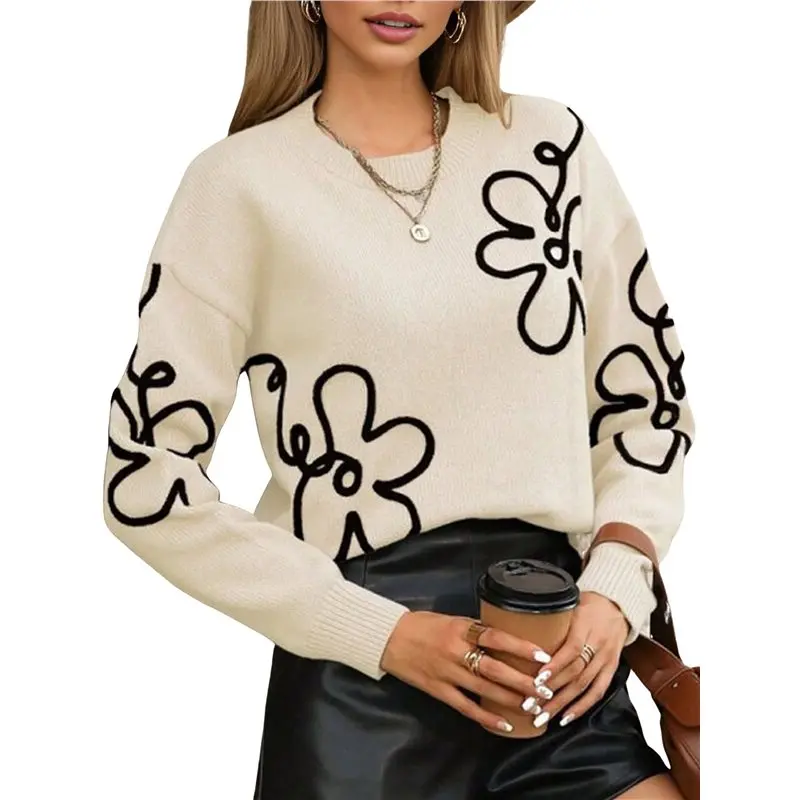 

CYL-Women's Off Shoulder Cable Knit Sweaters In Fall Pullover Cute Flower Crew Neck Long Sleeve Trendy Sweater