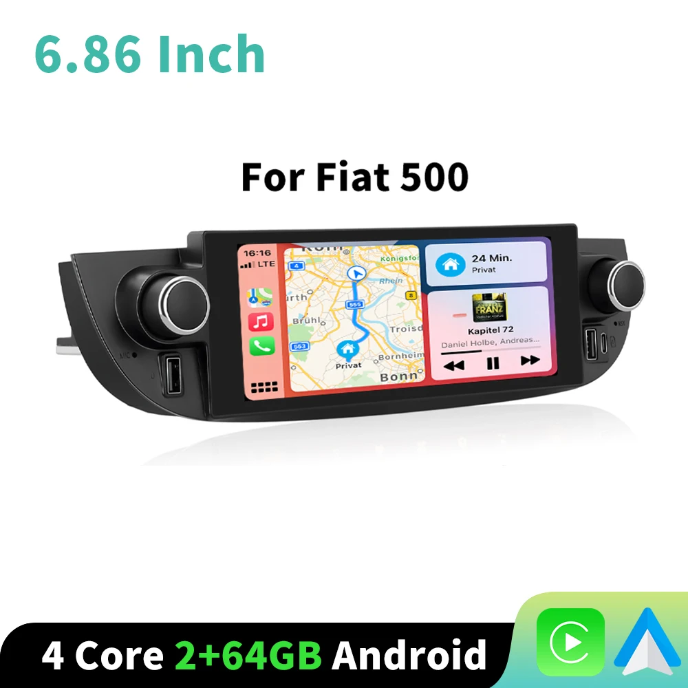 Podofo Android Auto autoradio voor Fiat 500 2007-2015 Carplay GPS navigatie 6.86 inch GPS navigatie 2G+64G multimediaspeler