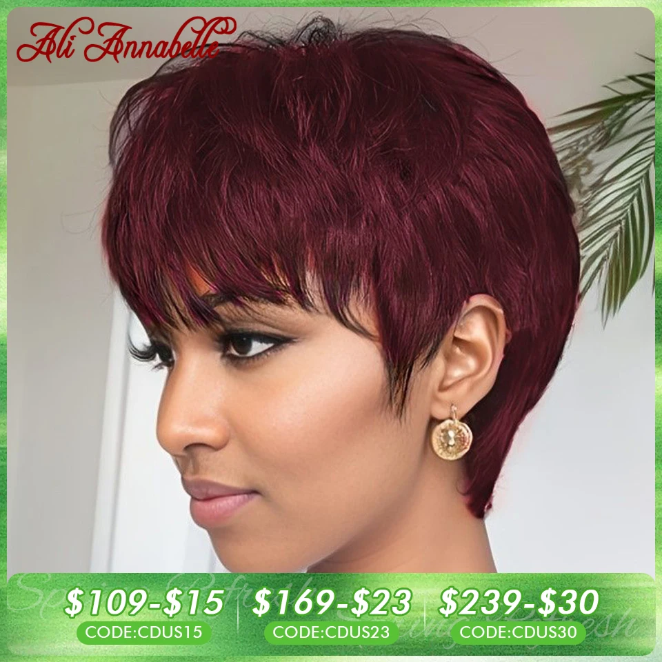 Ali Annabelle Hair 4 Inch Red 99J Burgundy Pixie Cut Wigs with Bangs Human Hair…