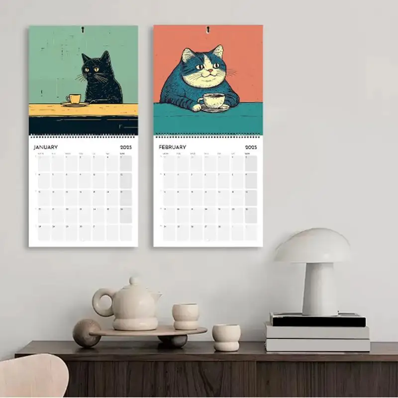 Cute Cat Calendar 2025 Monthly Calendar Cats Chilling With Coffee 12-Month 2025 Monthly Weekly Planner Calendar For Home Decor