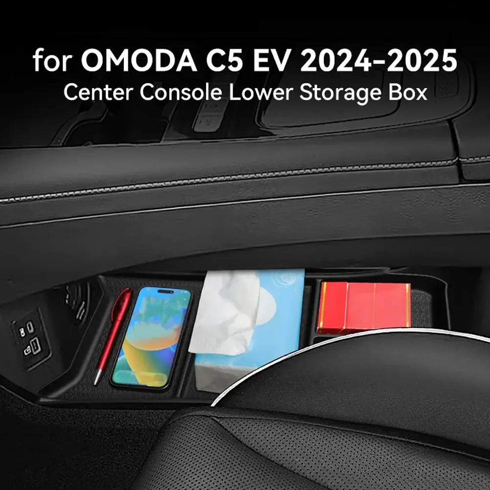 For Chery OMODA C5 EV Model 2024 2025 Center Console Lower Storage Box Car Tray TPE Organizers Accessories Tidying Black 3