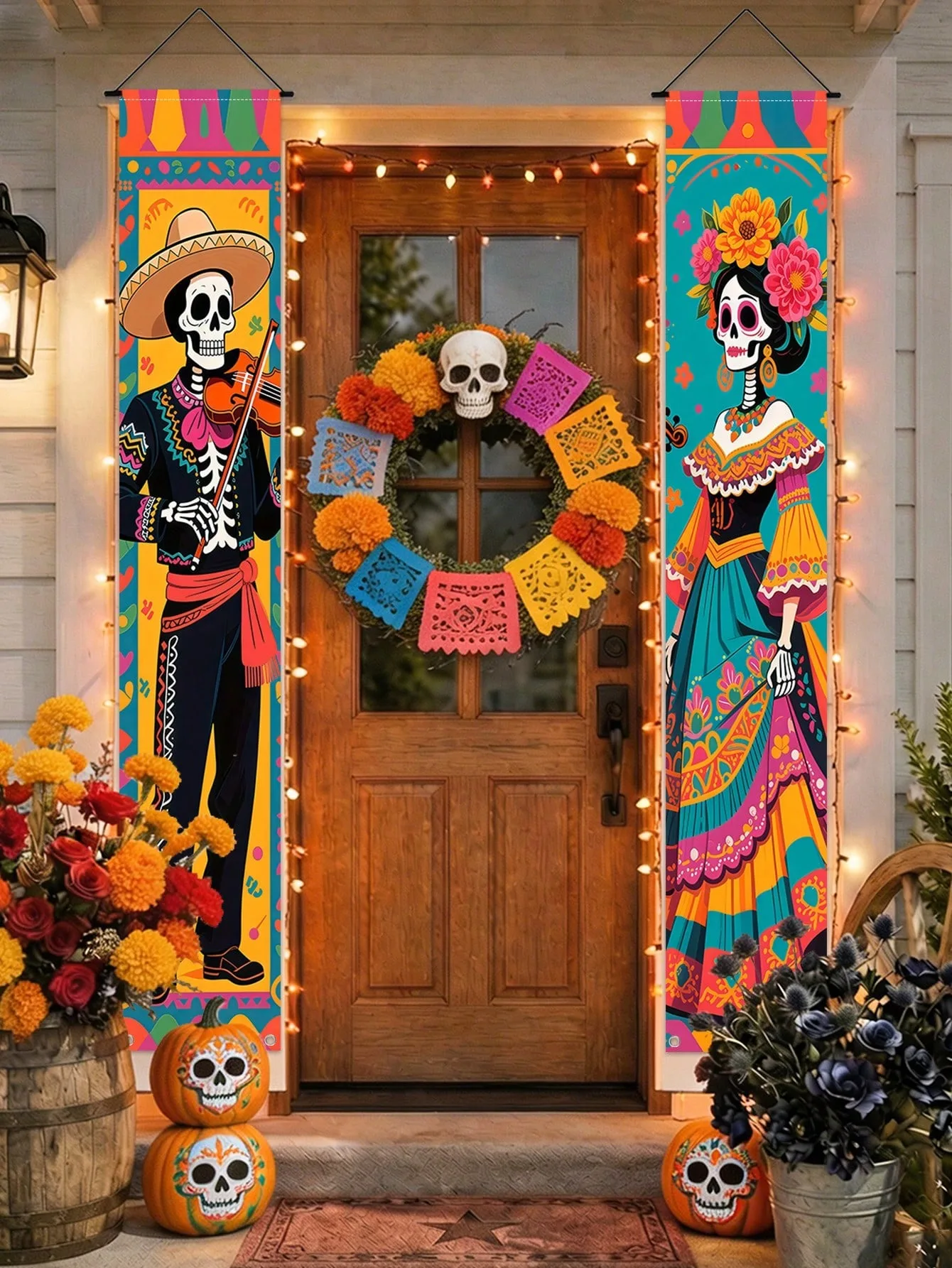 Tag der Toten Veranda-Banner-Set: Mariachi-Mann, Catrina, Zucker-Schädel Vertikale Hängeflaggen für Mexikanische Halloween-Party Frontdekoration – Detail 3