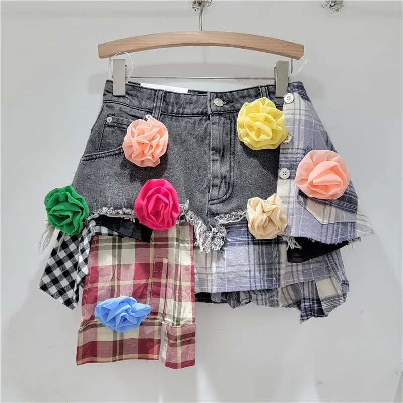 Fashion 3d Flower Blue Yellow Checks Stiching High Waist A-Line Denim Skirt 2024 Summer Street Style Irregular Skirt for Women