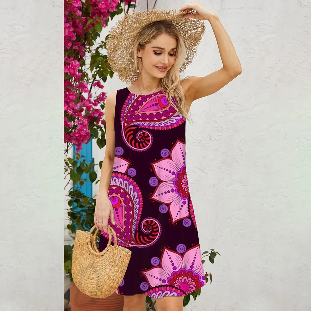 Vintage Cashew Print O-Neck Sleeveless Vest Dress For Women Fashion Summer Casual Vacation Beach Romantic Party Loose Mini Dress