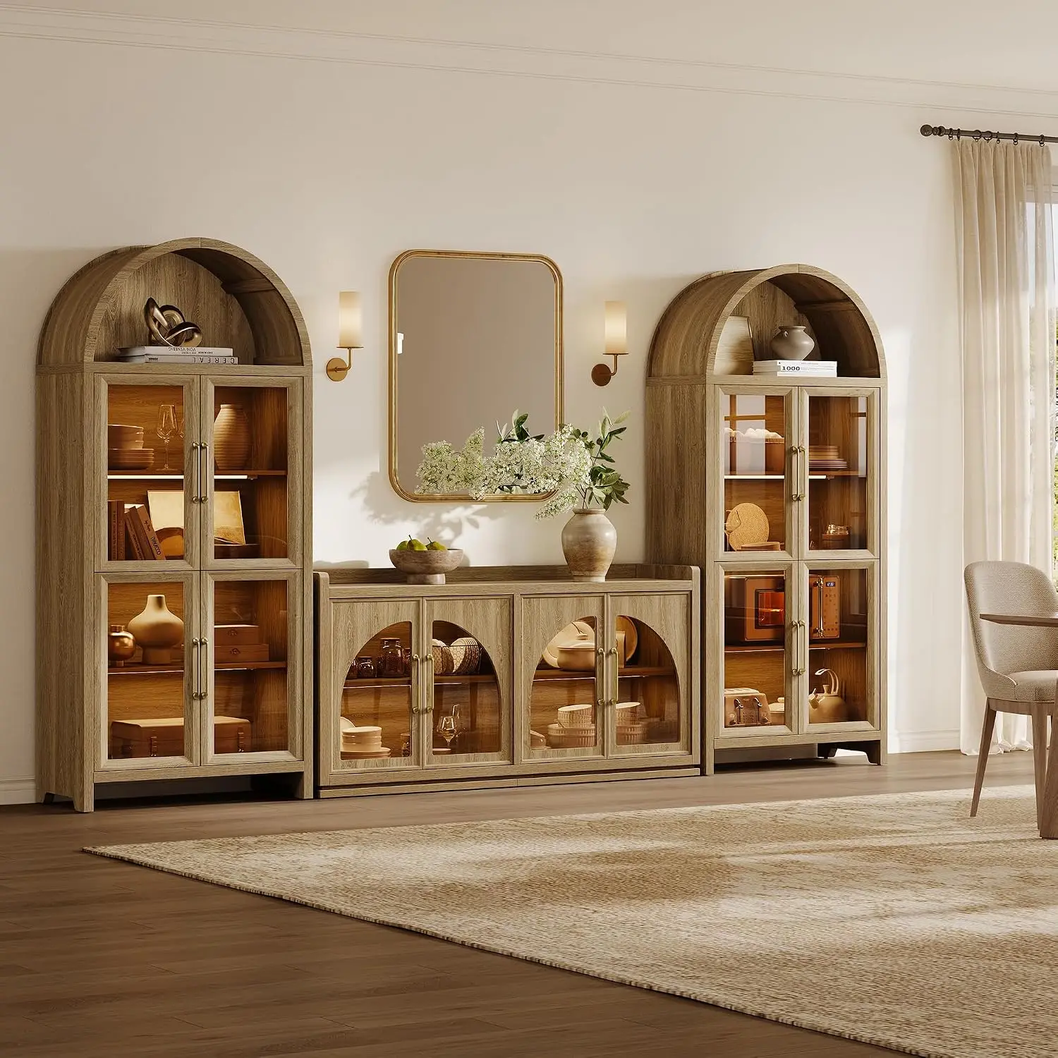 Arched Bookcase With Glass Doors & Motion LED Lights 74