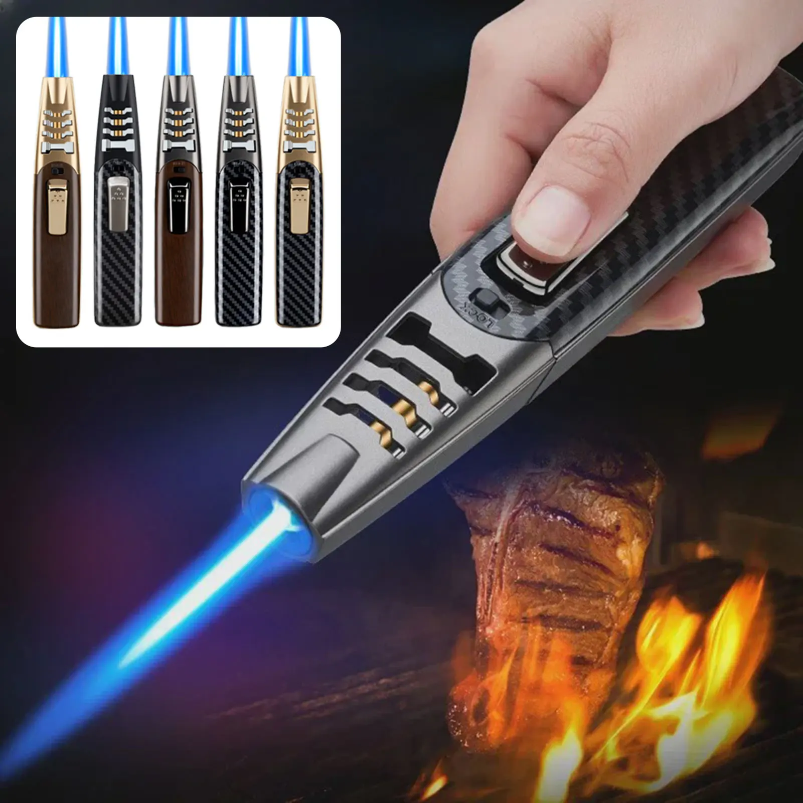 

Ветрозащитная прямая зажигалка с синим пламенем, многофункциональная сверхмощная зажигалка для грилей для барбекю, кемпинга на открытом воздухе
