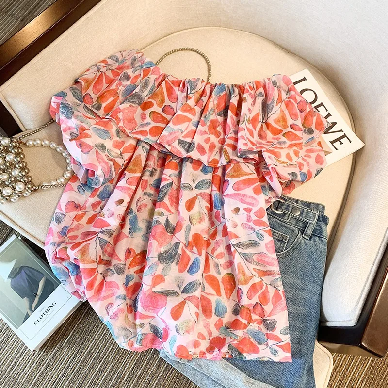 Atasan Longgar Bunga Musim Panas untuk Wanita Kemeja Satu Bahu Satu Bahu Gaya Perancis Baru Mode Lengan Pendek Komuter Harian