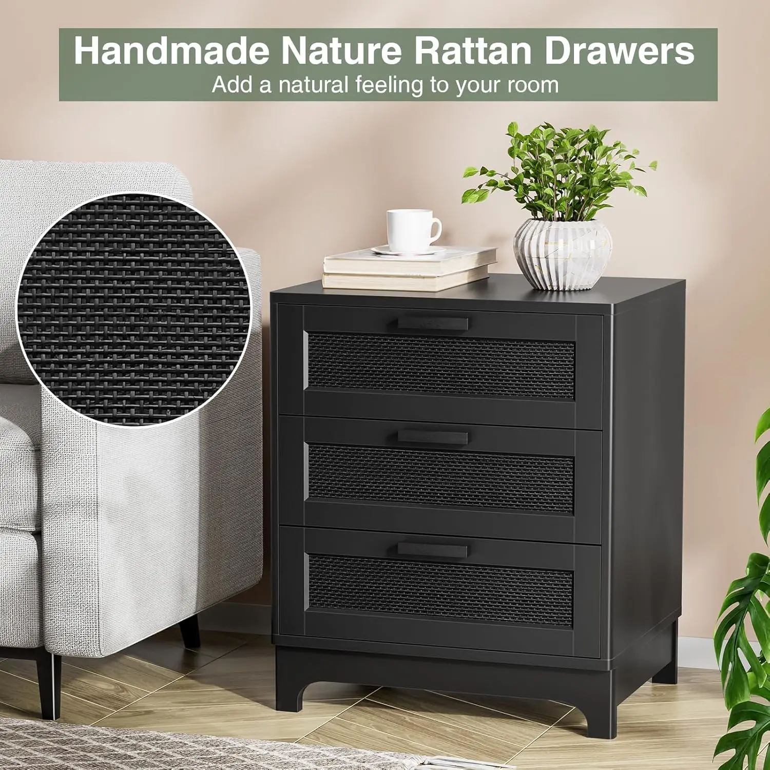 Rattan Nightstand with 3 Drawers, Farmhouse Night Stand with Nature Rattan Storage Drawers