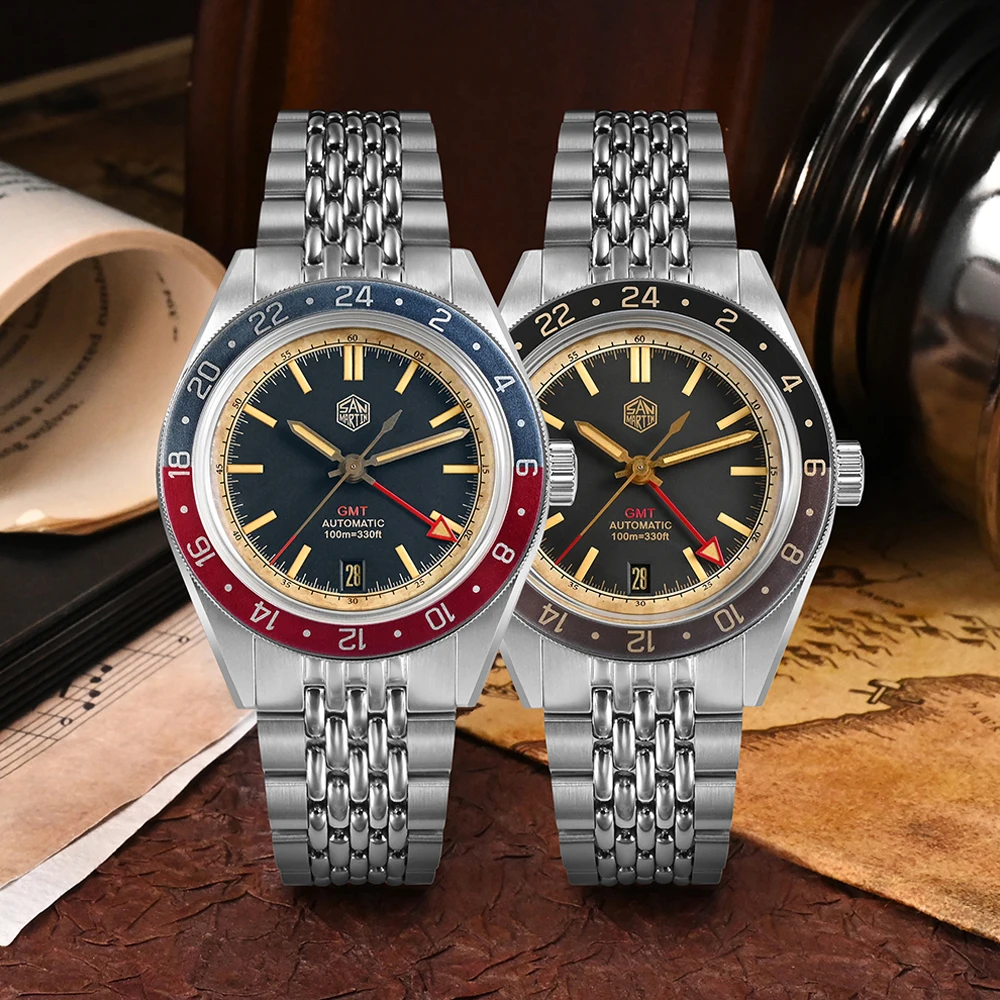San Martin Watch Distressed Design 39.5mm Vintage Men GMT NH34 Automatic Movement with Steel Rice Bracelet reloj hombre SN0116