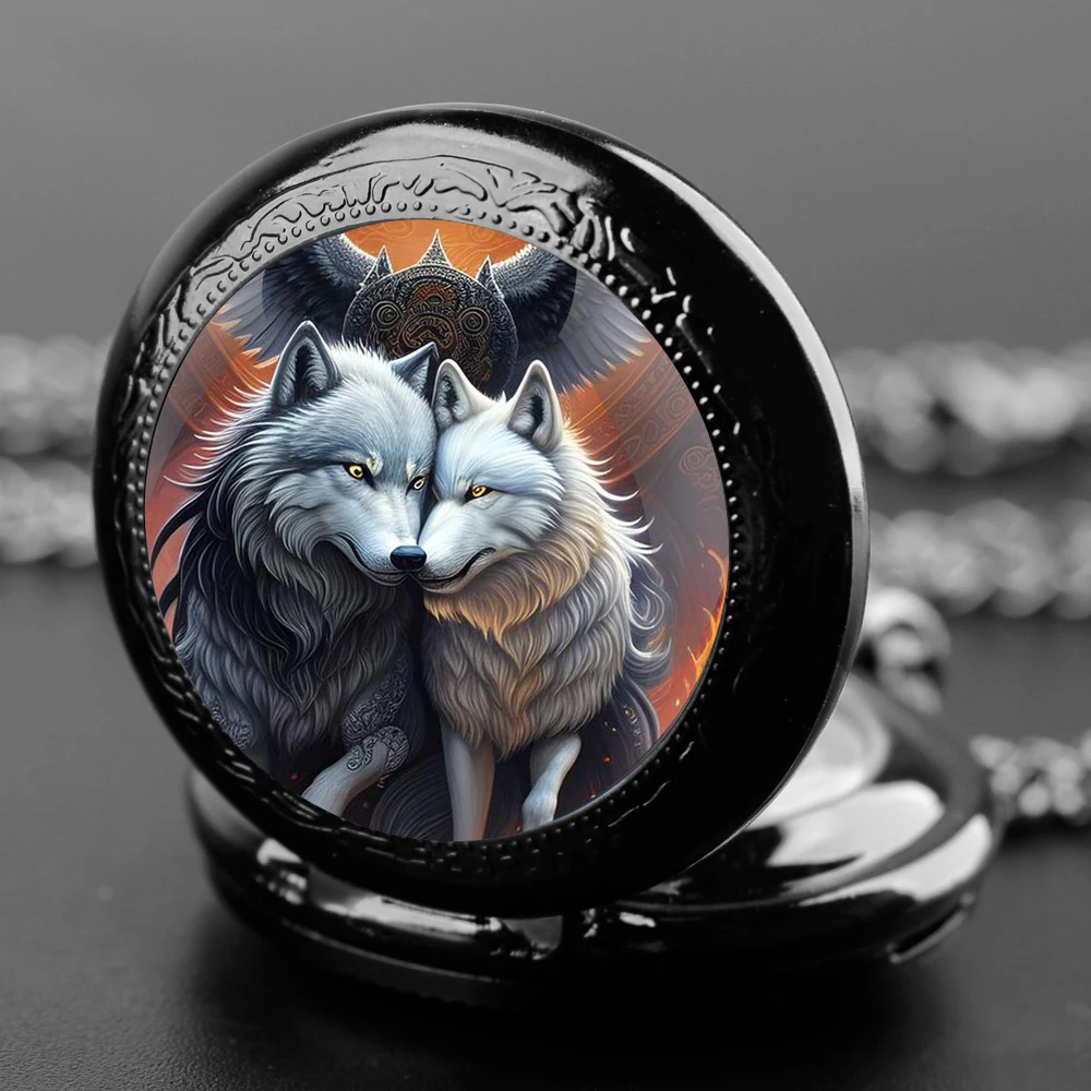 Classic Vintage Two Wolf Eagle Theme Quartz Fob Pocket Watch with Necklace Chain Cool Pendant Clock Gift for Women Men