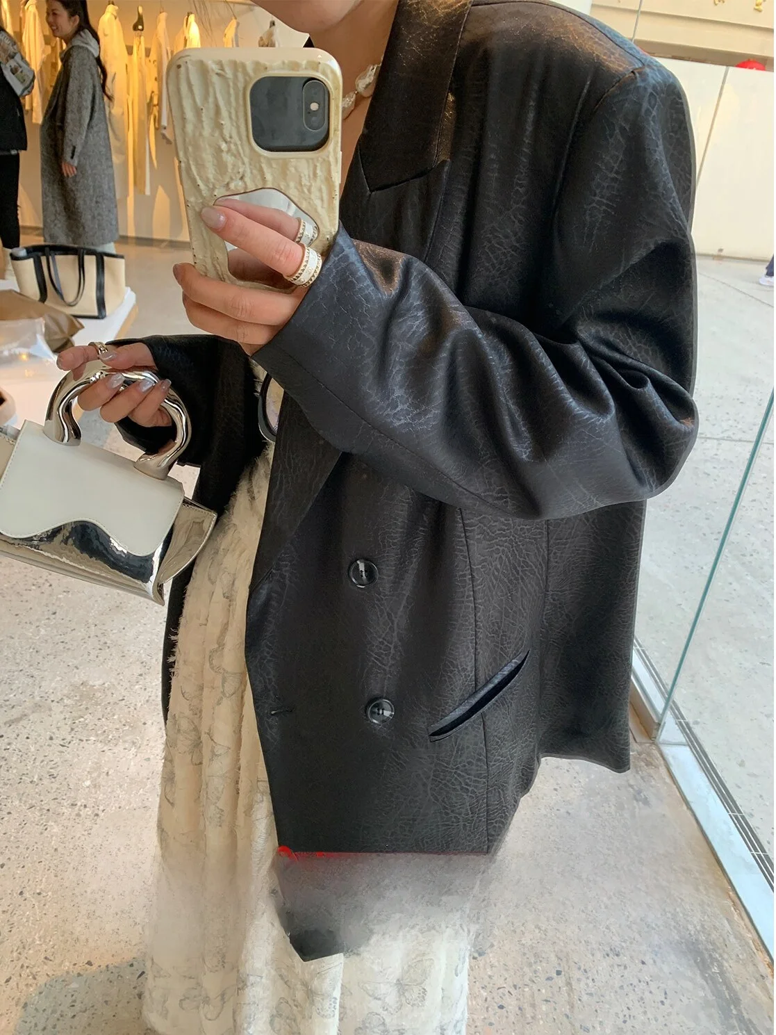 

MLS Satin Texture Women's Suit Jaet Summer Casual High Faion Retro Sweet Cool Spicy Girl Leisure Top Long Sve Loose Fit