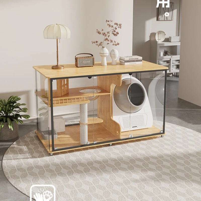 Cat villa horizontal fully transparent glass cat cabinet cat nest solid wood