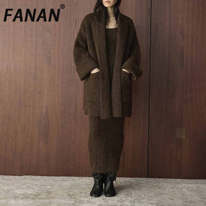FANAN أنيقة الحياكة 2 قطعة مجموعة للنساء سترة معاطف فضفاضة + سليم فساتين بلا أكمام مكتب سيدة Sutis شتاء دافئ جديد #1