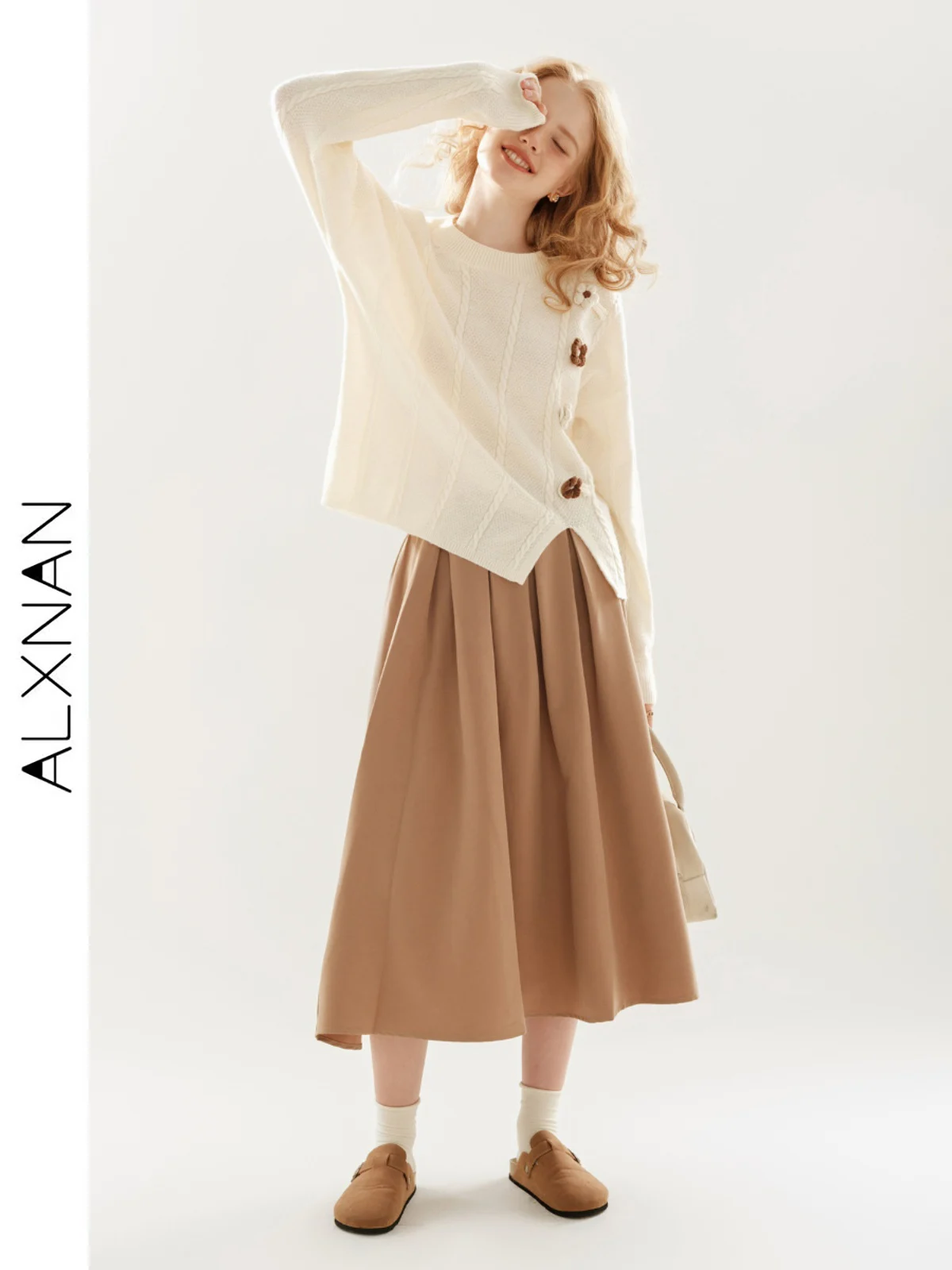 ALXNAN-Jupe plissée décontractée pour femme, nouveauté automne hiver 2024, ligne A, taille haute, slim fit, midi, vêtements féminins, TM00affair