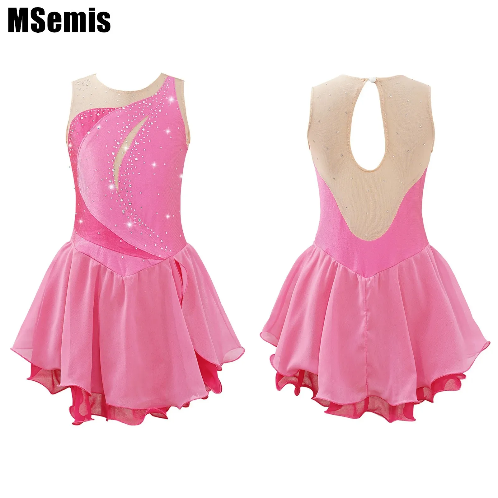 

Kids Girls Patchwork Chiffon Dance Dress Sleeveless Round Collar Shiny Rhinestone Decorated Hollow Back Ruffle Skating Dress