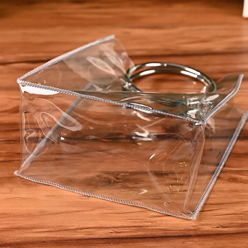 1Pc Transparent PVC Tote Bag Metal Texture Design Round Hand-held Jewelry Pouch Wedding Candy Case