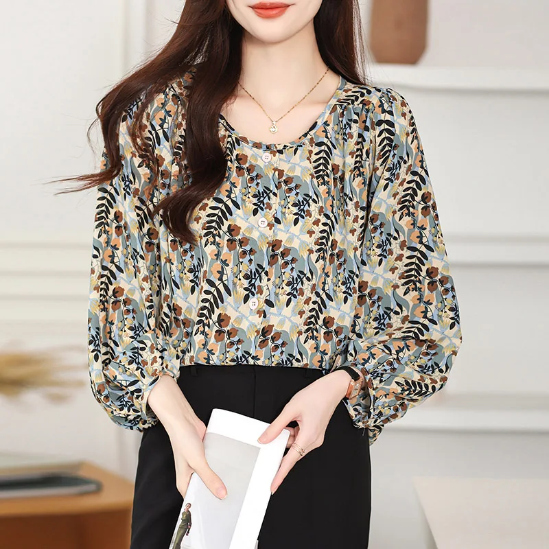 Women Clothing Chic O-neck Long Sleeve Chiffon Shirt Spring Summer Fashion Elegant Floral Printing Blouses Casual Loose Y2k Tops