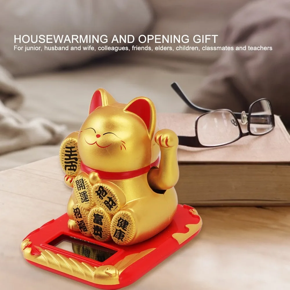 Plastic Solar Waving Fortune Cat 2.5in Lucky Cat Light Induction Cat Ornament Champagne Color Battery-free Solar Operation