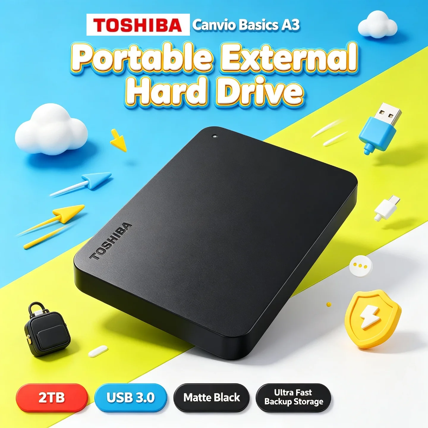Toshiba Canvio Basics A3 2TB Portable External Hard Drive USB 3.0 Matte Black Pro Max Ultra Fast Backup Storage Elite