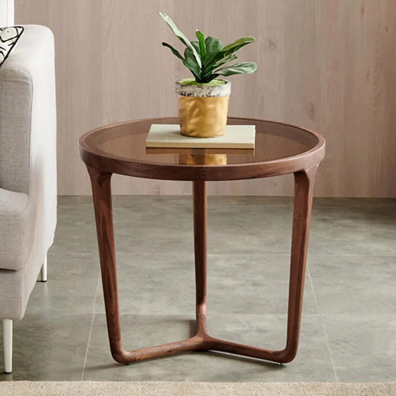 

North America Black Walnut round Tempered Glass Solid Wood Coffee Table Nordic Negotiating round Table Office Table