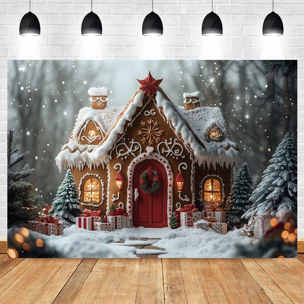 Snowy Gingerbread House Photography Background Winter Xmas Tree White Snow Holiday Decor Backdrop Kids Portrait Photobooth Props