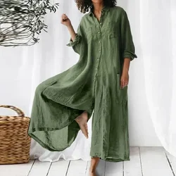 Harajuku Retro Plain Cotton Linen Shirt Jumpsuit New Spring Lapel Button Women Rompers Summer Wide Leg Pants Big Pocket Overalls