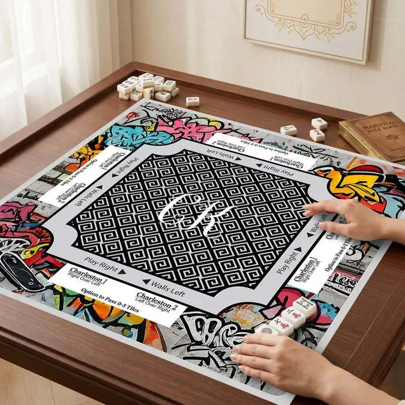 VIKAMA Street Graffiti Style Mahjong Mat Black White Geometric Zoned Non Slip Trendy American Poker Mahjong Pad