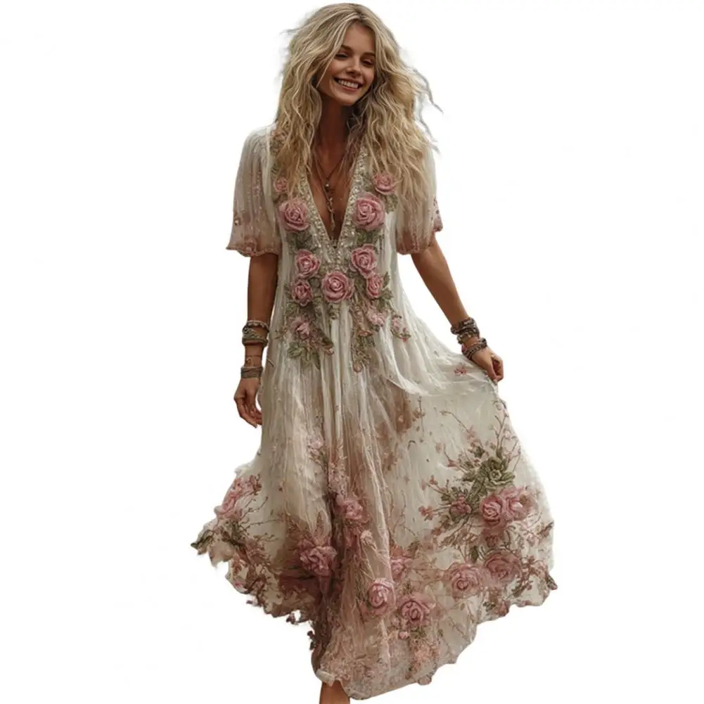 Zomerjurk voor dames, bloemenprint, korte mouwen, V-hals, swingjurk, Boho, zwierige A-lijn, casual, gala, bruiloft, gastjurk