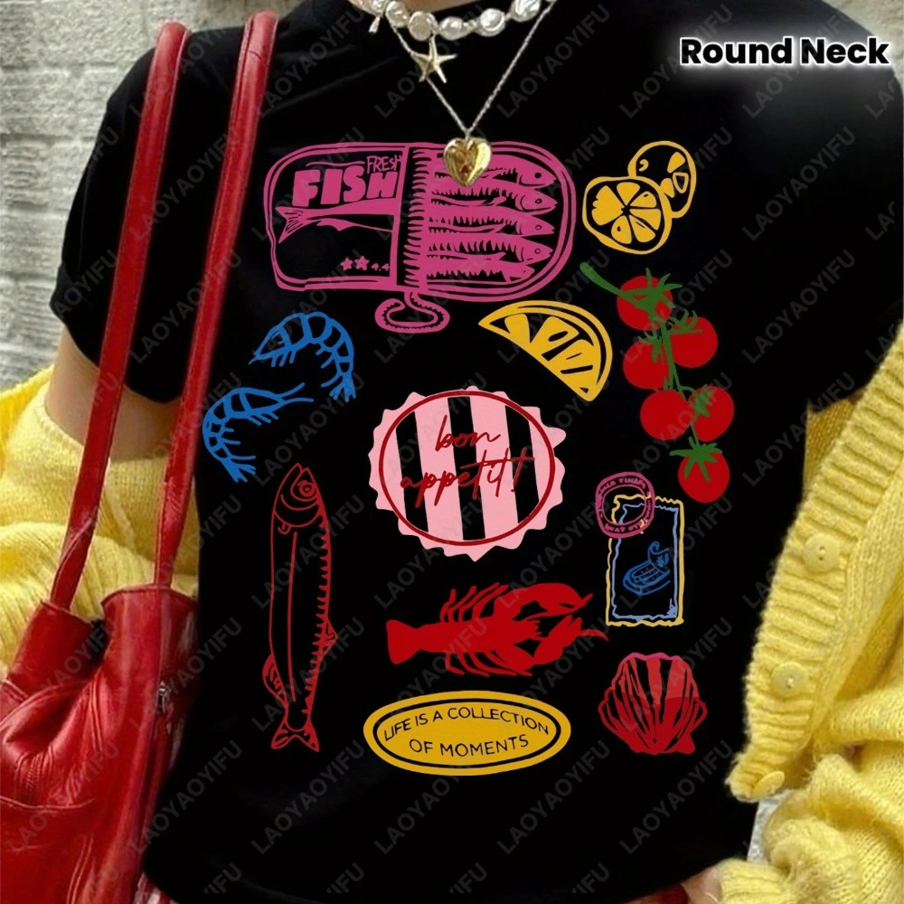 

Vibrant Seafood and Fruit Print Lightweight Loose Summer Beach Shirt Crew Neck Breathable Top for Holiday & Daily Wear