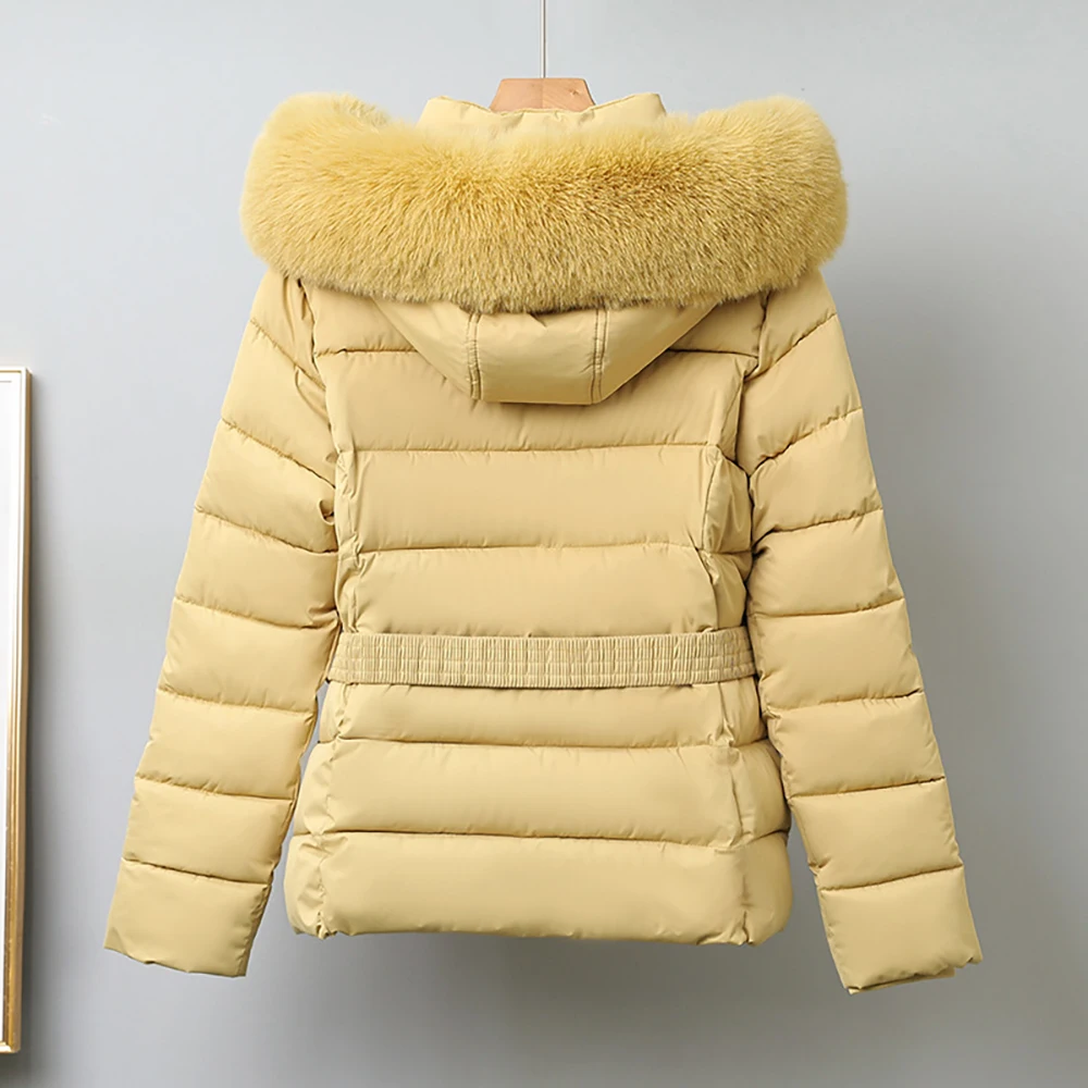 Winter Women Fur Collar Hooded Cotton Coats British Style Slim with Belt Down Cotton Jackets Lady Thick Warm Outerwear 2025 New