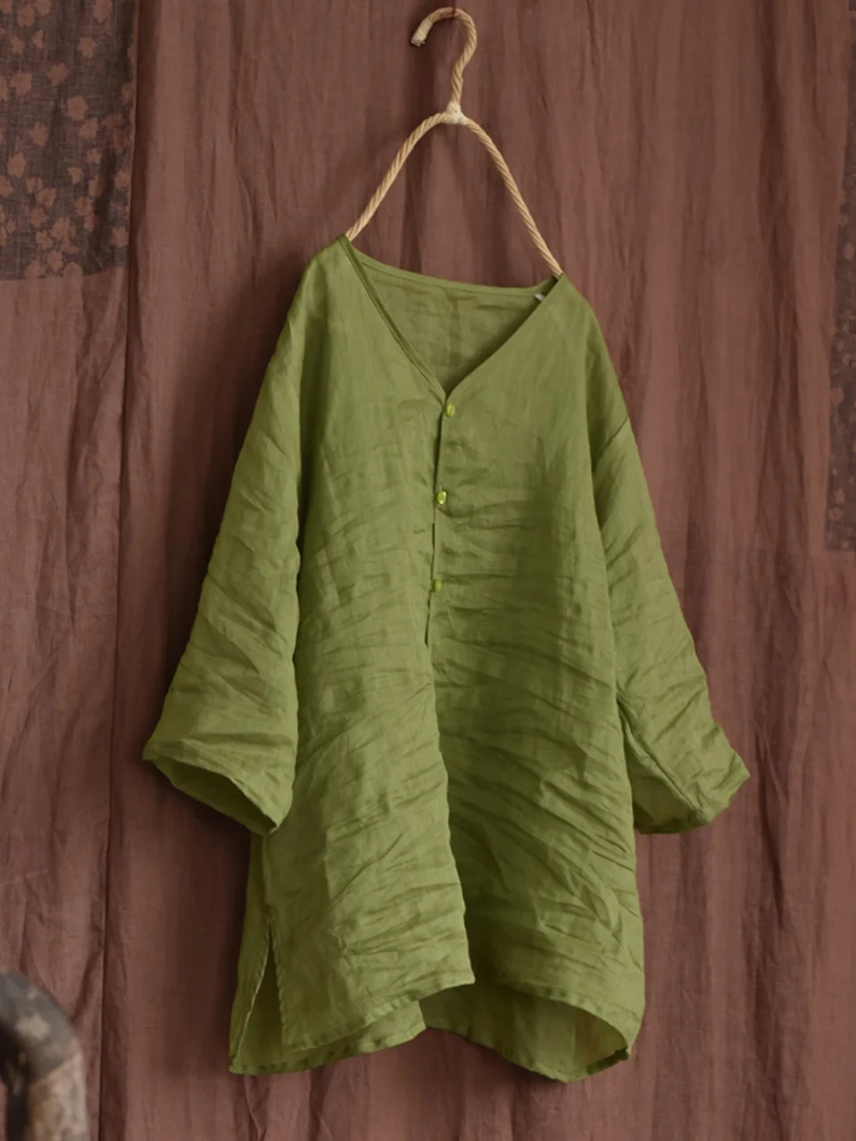 Losse Katoenen Linnen irt Vrouwen Zomer Zen Sle Vintage 3/4 Sve V-Ne Losse Katoenen Linnen Vest Knop Detail dun Model