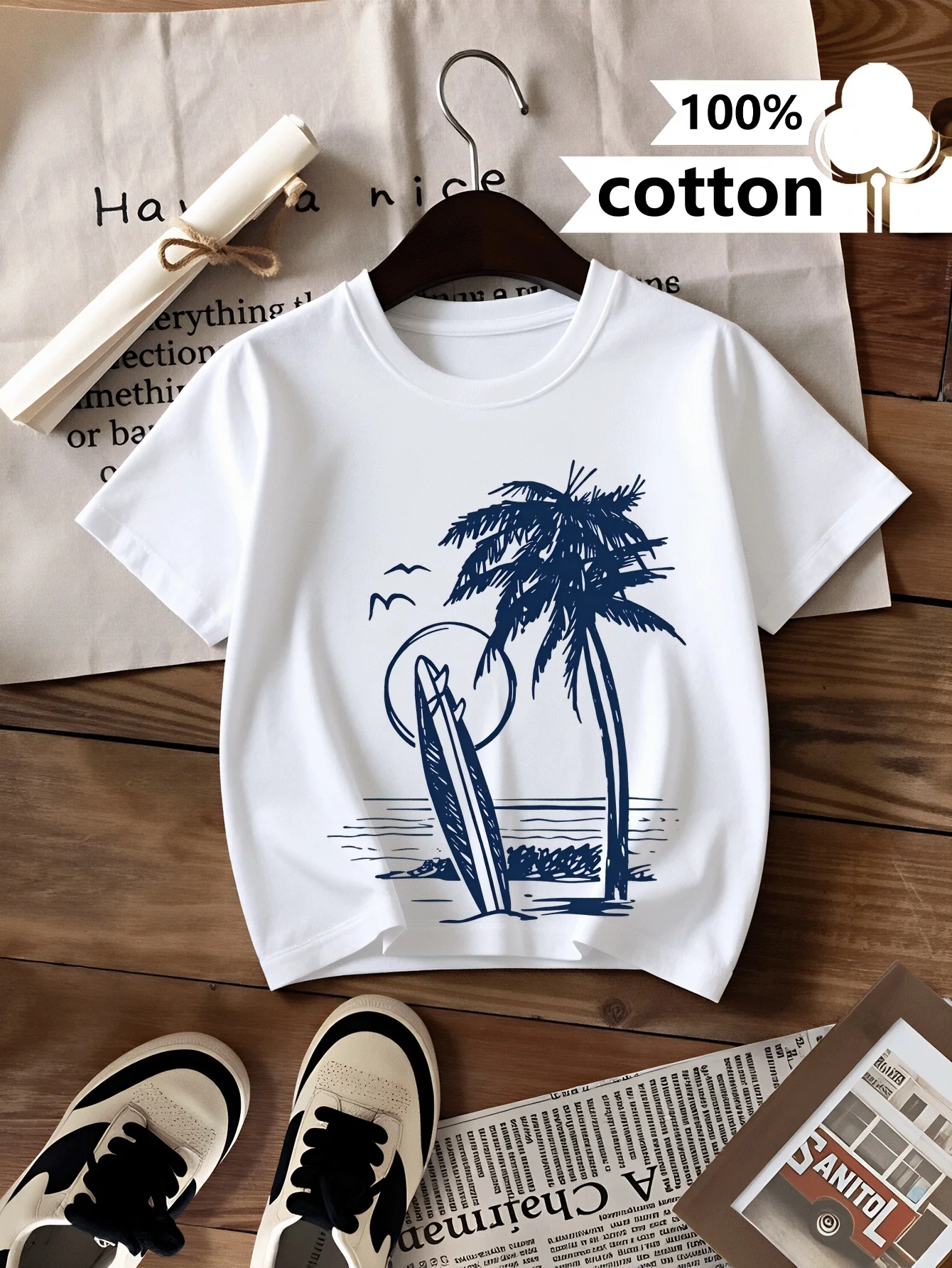 Palm Tree Surfboard Sunset Beach Wave Pattern Machine Washable Short Sleeve Soft and Comfortable Parent Child Printed Top