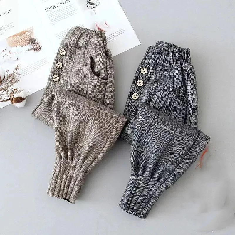 Korean Baggy Plaid Girls Harem Pants Spring Fall 2 To 8 Years Children Jogger Pantalones Elastic High Waist Casual Kids Calca