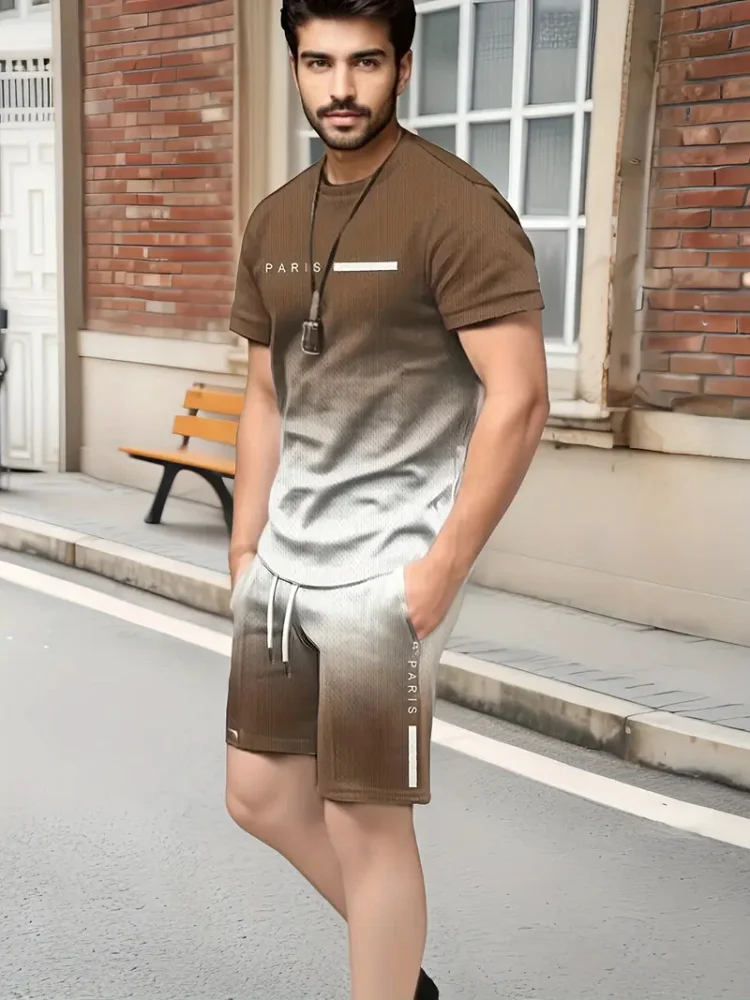 2025 Men's Paris Letter Streetwear Set Short Sleeve Shirt & Urban Shorts 2-Piece Summer Fashion Outfit Casual Street Suit