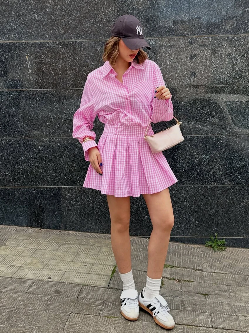 

Marthaqiqi Plaid Casual Female Pajamas Suit Turn-Down Collar Sleepwear Long Sleeve Nightgowns Skirts Winter Women Nightwear Set