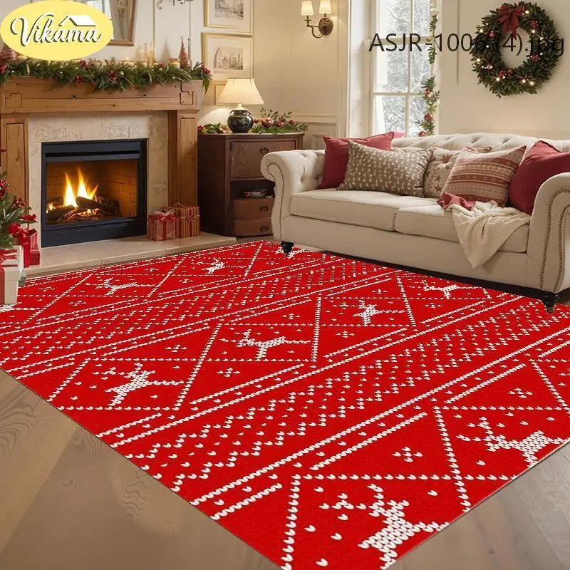 VIKAMA Retro Reindeer Snowflake Striped Rug Christmas Decorative Mat Non-Slip Durable Living Room Floor Home Decor