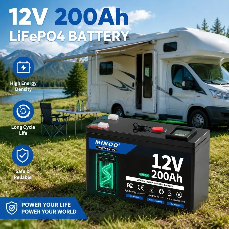 12V 200Ah LiFePO4 Solar Battery Deep Cycle Rechargeable Built-in BMS Lithium 200000mAh for Power Wheels Scooters Fish Finder