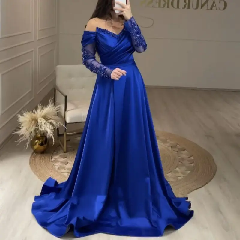 

Royal Blue Pleats Satin Evening Dress 2023 Wedding Party Beaded Appliques Long Sleeves Elegant A-Line Sexy Prom Gowns