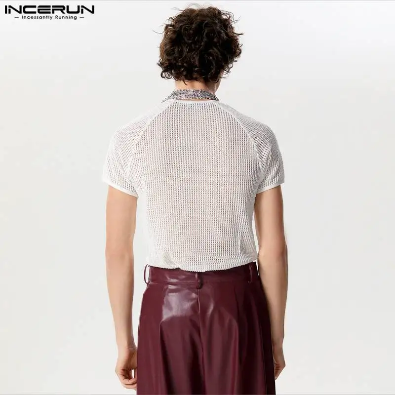 2024 Men\'s T Shirt Hollow Out Patchwork Transparent O-neck Short Sleeve Streetwear Men Clothing Fashion Camisetas INCERUN S-5XL