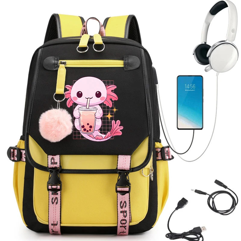 Girls Backpack Cartoon Kawaii Axolotl Mermaid Cute School Bags for Student Teens Pockets Women Laptop Backpack Harajuku Bag