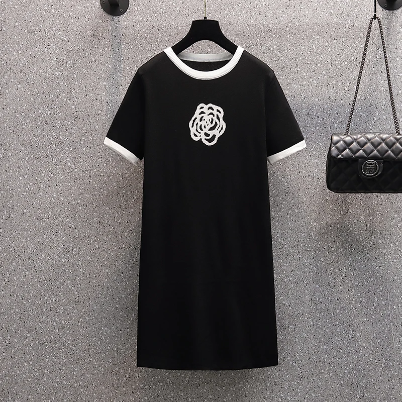 4XL Large size women elegant casual flower embroidery kint dresses 2024Summer short sleeve loose thin ice silk knitted dress