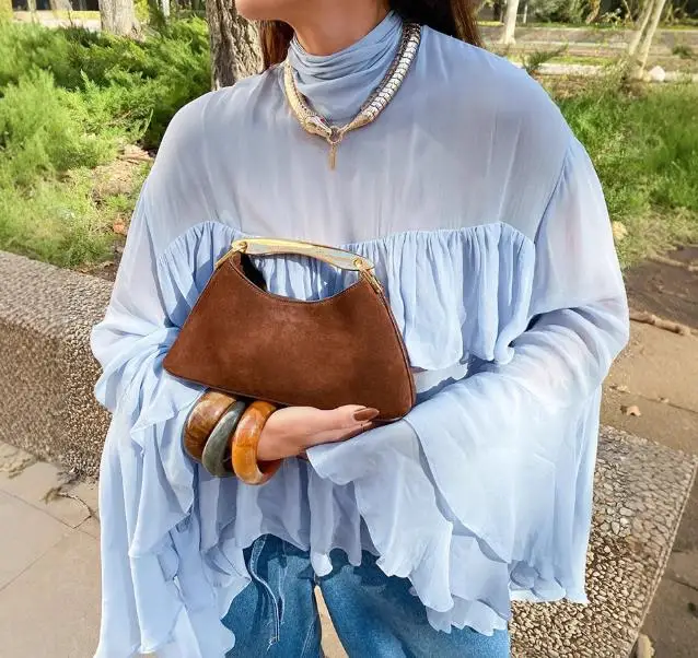 

Blue High Neck Temperament Trumpet Sleeve Pleated Women's Shirt Summer Fashion Design Sense Pleated Chiffon Shirt Top