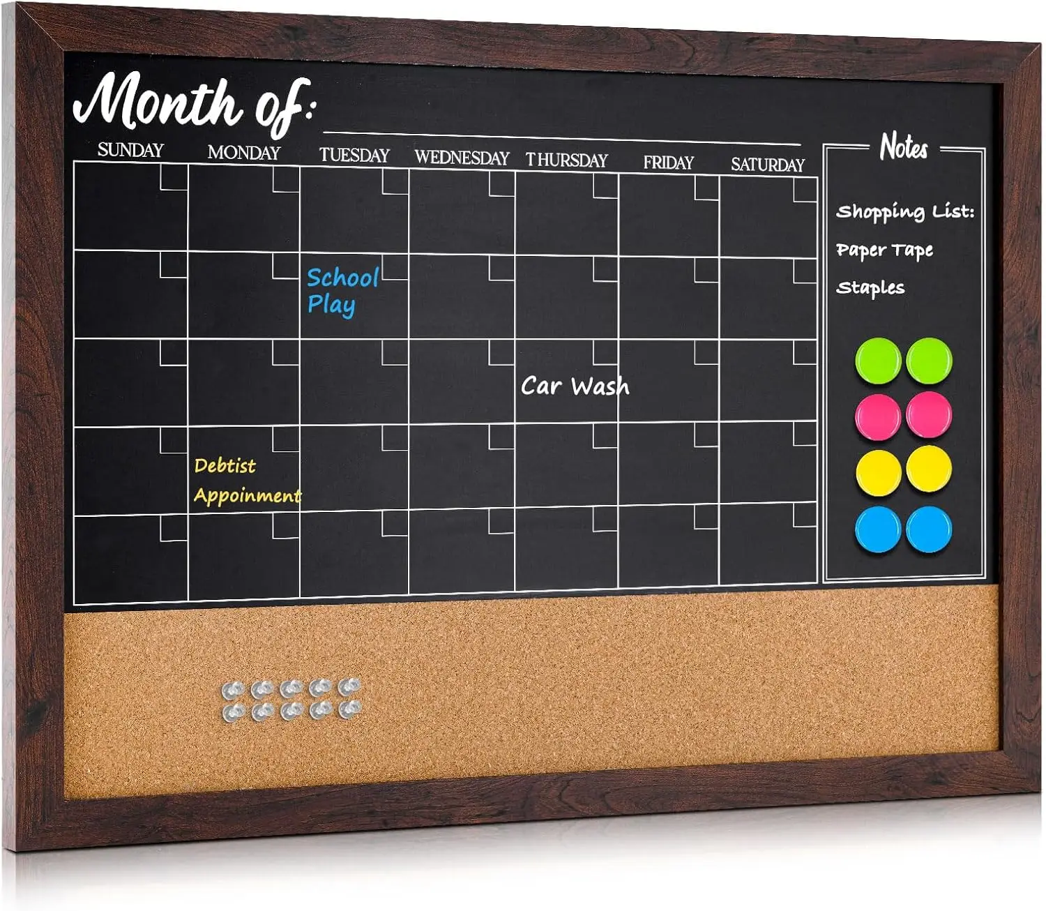 

Large Magnetic Chalkboard Calendar Corkboard Combo, 24x36 Wall Bulletin Board with Rustic Frame, Markers & Magnets